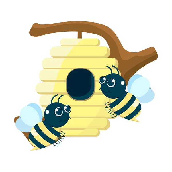 나무 줄기에 매달려 벌집을 배경으로 귀여운 꿀벌의 벡터 그림 — 스톡 벡터