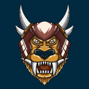 Efsanevi Aslan iblis baş illüstrasyon. Boynuzlu mitolojik aslan başının detaylı vektör sanatı