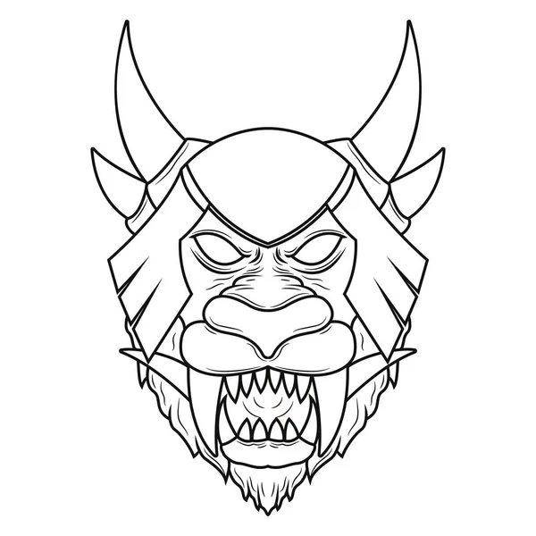 Mítica Leão demônio cabeça linha arte ilustração. Arte vetorial detalhada de uma cabeça de leão mitológica com chifres — Vetor de Stock