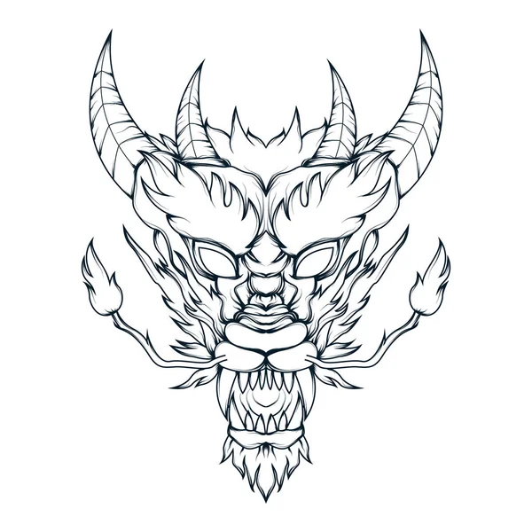Arte de la línea vectorial de la mítica cabeza de dragón. Ilustración detallada de una cabeza de dragón mitológico con cuernos — Vector de stock