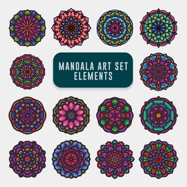 Juego de arte mandala colorido detallado. Arte mandala vintage con adorno abstracto floral redondeado. Patrón Mandala fondo — Archivo Imágenes Vectoriales