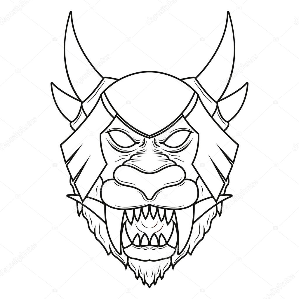 Mythical Lion demon head line art illustration. Detailed vector art of a horned mythological lion head