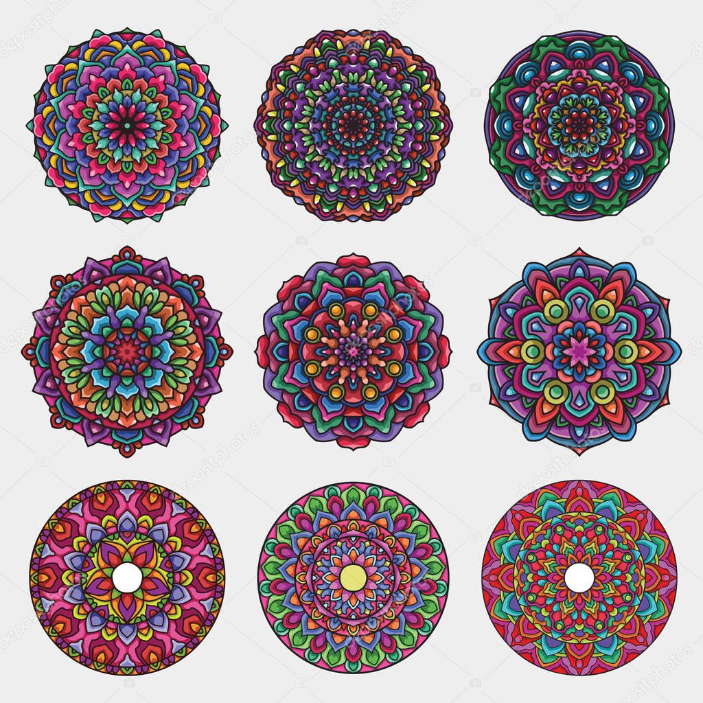 Detailed colorful mandala art set. Vintage mandala art with rounded floral abstract ornament. Mandala pattern background