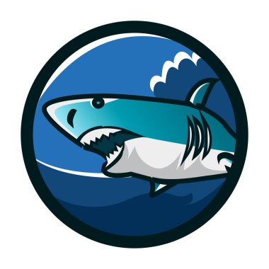 Shark daire amblem logo tasarımı. Köpekbalığı simgesi logo kimliği. Köpekbalığı kafası vektör illüstrasyon