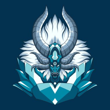 Ejderha şeytani canavar vektör illüstrasyon. Boynuzları ve dişleri ile efsanevi iblis kafa illüstrasyon