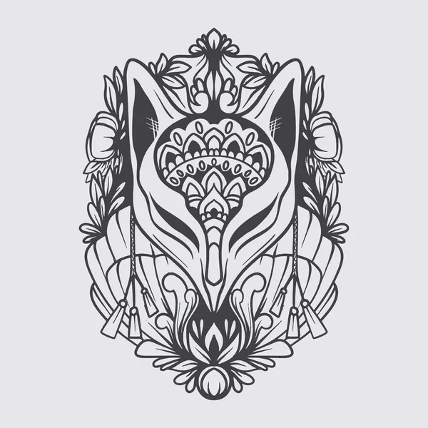 Máscara Kitsune Plantilla Ornamental Ilustración Vectorial Blanco Negro — Vector de stock