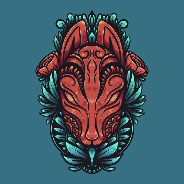 Rode Roos Ornament Van Kitsune Masker Illustratie — Stockvector