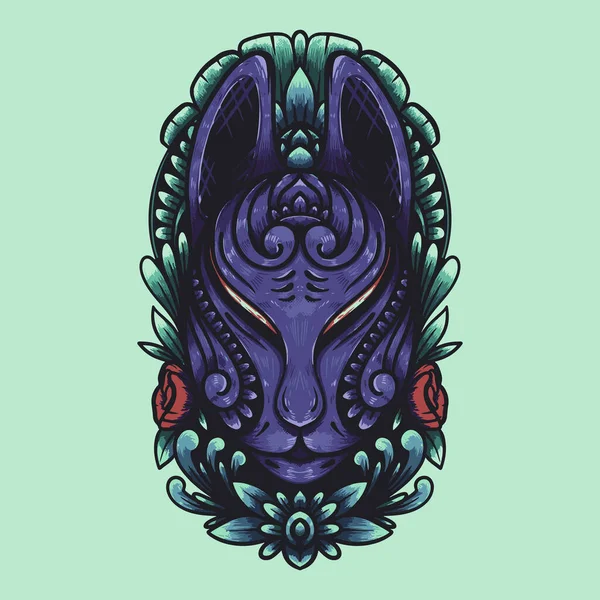 Donkerblauwe Kitsune Masker Decoratieve Vector Illustratie — Stockvector