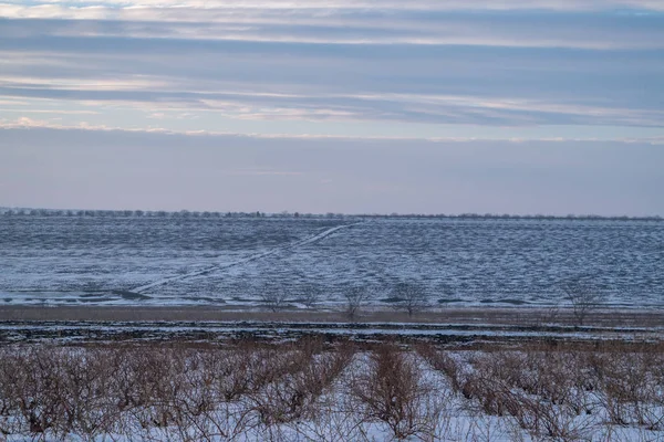 Un paesaggio bianco di un terreno coperto di neve — Foto Stock