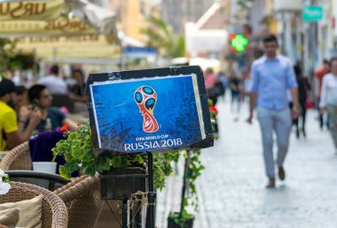 Brasov, Romanya - 19 Haziran 2018: Rusya 2018 FIFA Brasov Merkezi Teras postere Kupası