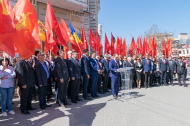 Kişinev, Moldova - 10 Nisan, 2018: Sosyalist Parti (Psrm) üye, iyon Ceban, Kişinev, Moldova Belediye seçimlerinde için kayıtlı sonra seçim planını ilan