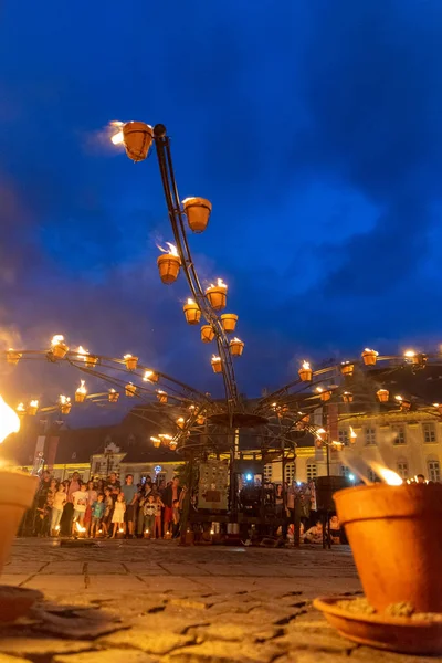 SIBIU, ROMANIA - 9 June 2018: Compagnie Carabosse, French fire alchemists, created a Fire Spectacle at the Sibiu International Theatre Festival 2018 — Stock Photo, Image