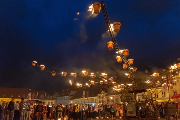 SIBIU, ROMANIA - 9 June 2018: Compagnie Carabosse, French fire alchemists, created a Fire Spectacle at the Sibiu International Theatre Festival 2018 — Stock Photo, Image