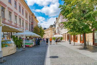 Sibiu, Romanya - 21 Temmuz 2018: Sibiu, Romanya - Nicolae Balcescu güzel yayalara Sibiu, Romanya mavi gökyüzü ile bir güneşli yaz gününde