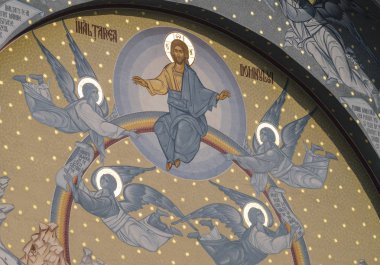 Sibiu, Romanya - 17 Temmuz 2018: İsa'nın göğe yükseliş Ortodoks Kilisesi ve St. Nicholas Sibiu, Romanya bir tablo üzerinde tasvir