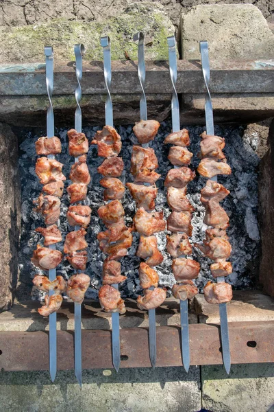 Espetos suculentos sendo preparados em carvão em uma área rural na Moldávia — Fotografia de Stock