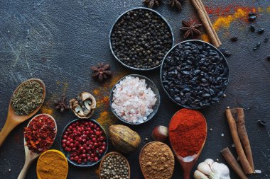 Tahta kaşıklar, otlar ve fındık karanlık taş tablosundaki çeşitli Hint baharat. Renkli İtalyan baharat, üstten görünüm. Organik gıda, sağlıklı yaşam, alan metin, afiş