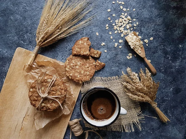 Biscuits Fitness Avoine Maison Café Noir Sur Planche Bois Talbe — Photo