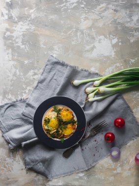 Kiraz domates, soğan ve baharat rustik tarzı ile plaka üzerinde kızarmış yumurta. Besleyici organik kahvaltı, sağlıklı yaşam, üstten görünüm, metin için yer