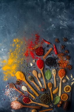 Çeşitli ahşap Hint baharat ve gümüş kaşık ve metal kaseler, tohumlar, otlar ve fındık karanlık taş masada. Renkli baharatlar, üstten görünüm, metin için yer. Organik gıda, sağlıklı yaşam tarzı.