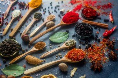 Çeşitli ahşap Hint baharat ve gümüş kaşık ve metal kaseler, tohumlar, otlar ve fındık karanlık taş masada. Renkli baharatlar, seçici odak. Organik gıda, sağlıklı yaşam tarzı.