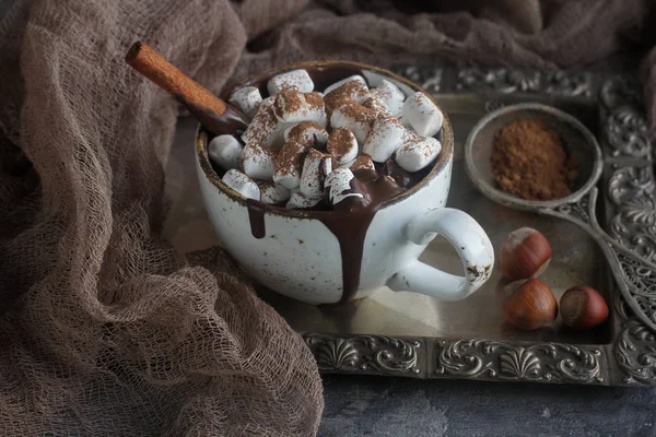 Christmas Delicious Hot Chocolate Marshmallows Nuts Cinnamon Silver Tray Vintage — Stock Photo, Image
