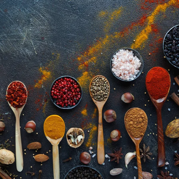 Various Indian Spices Wooden Silver Spoons Metal Bowls — Stock Photo, Image