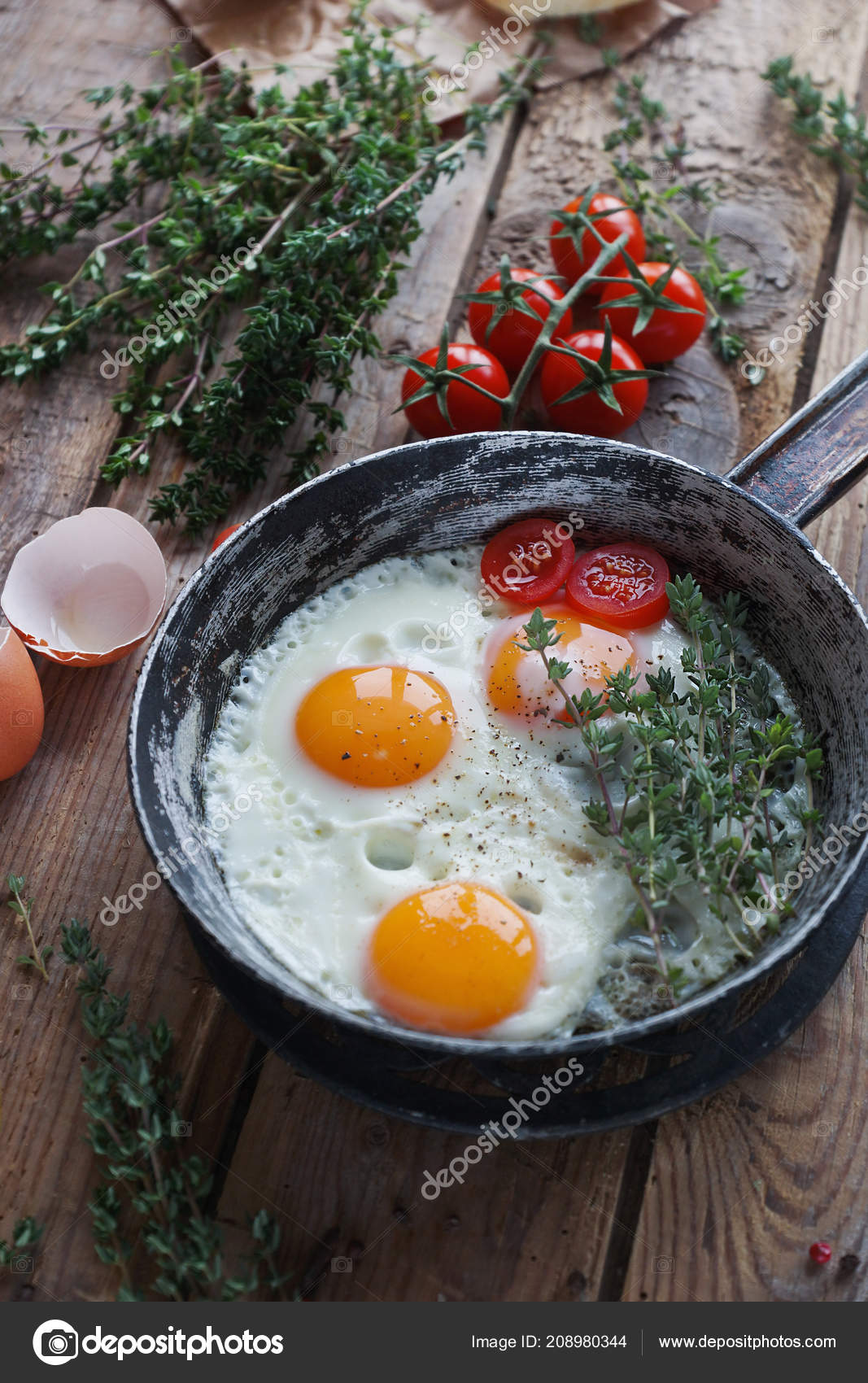 Fried eggs on pan with rosemary and cherry tomatoes
