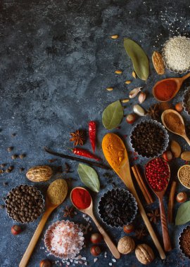 Tahta kaşık ve metal kâse çeşitli Hint baharat