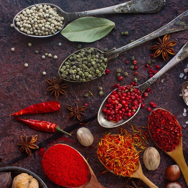 Various Spices Spoons Table Close — Stock Photo, Image