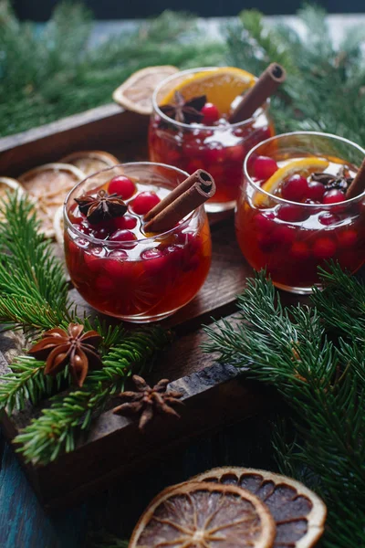 Traditionell Jul Drycker Med Bär Citron Kanelstänger Och Fir Grenar — Stockfoto
