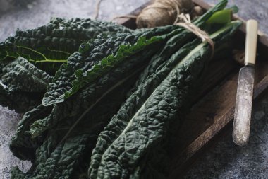 karanlık beton arka plan üzerinde organik Lacinato lahana yaprakları çiğ yeşil üstten görünüm