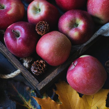 ahşap kutuda Olgun kırmızı elma üst görünümü 