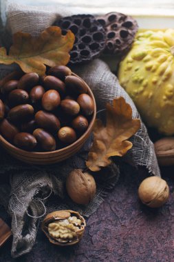 Dekoratif kabak, mısır, ceviz, sonbahar yaprakları, koyu taş masa üzerinde meşe palamudu ile Sonbahar arka plan