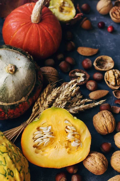 Fondo de otoño o de acción de gracias con calabaza decorativa, maíz, nueces, uvas y trigo en la mesa de piedra oscura — Foto de Stock