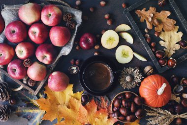 Kakao fincan ile Sonbahar arka plan, dekoratif kabak, meşe palamudu, elma, fındık ve koyu taş masada sonbahar yaprakları