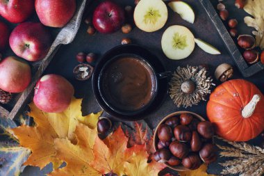 Kakao fincan ile Sonbahar arka plan, dekoratif kabak, meşe palamudu, elma, fındık ve koyu taş masada sonbahar yaprakları