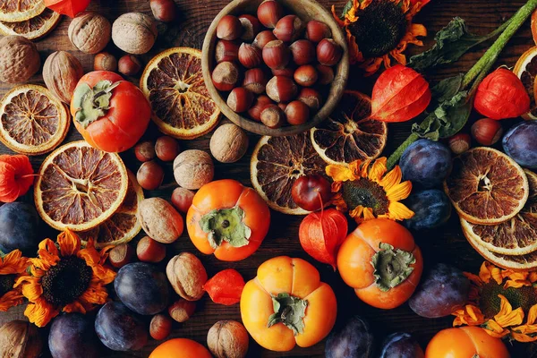 Composición Natural Muerta Otoño Con Frutas Verduras Orgánicas Frescas Surtido — Foto de Stock