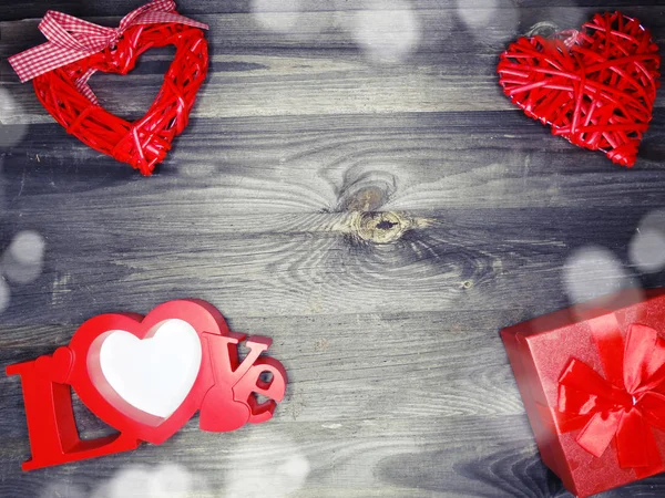 Szerelem Valentin Nap Piros Szív Ajándék Másol Hely Fából Készült — Stock Fotó