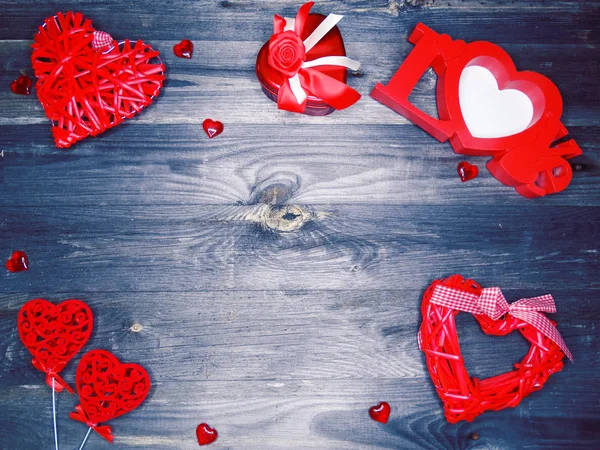 Szerelem Valentin Nap Piros Szív Ajándék Másol Hely Fából Készült — Stock Fotó