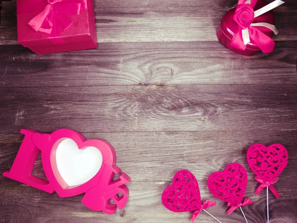 Amore San Valentino Rosso Cuore Regalo Copia Spazio Sfondo Legno — Foto Stock
