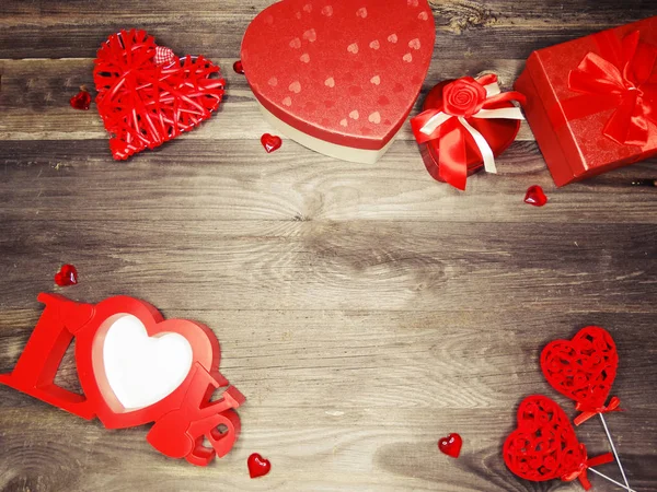 Amore San Valentino Rosso Cuore Regalo Copia Spazio Sfondo Legno — Foto Stock