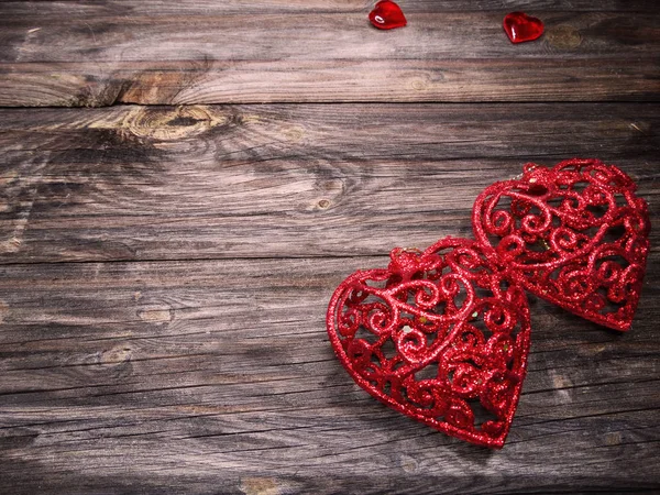 Amore San Valentino Rosso Cuore Regalo Copia Spazio Sfondo Legno — Foto Stock