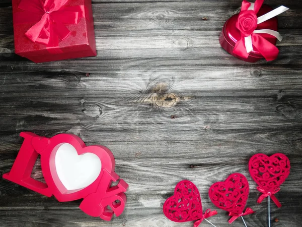 Powitanie Karta Miłość Walentynki Serca Tle Archiwalne Drewniane Kopiować Miejsca — Zdjęcie stockowe