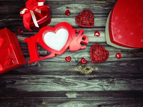 Wenskaart Valentijnsdag Liefde Met Hart Vintage Houten Achtergrond Kopiëren Van — Stockfoto