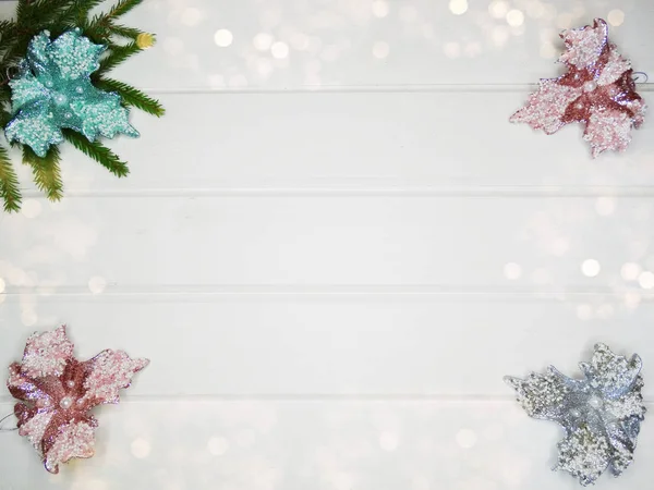 Christmas Background Decoration Fir Branches Garland Lights White Wooden Board — Stock Photo, Image