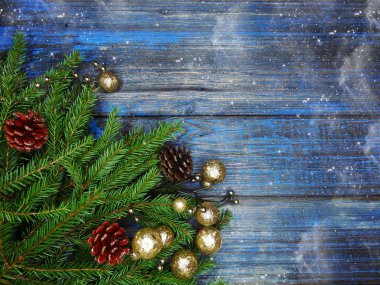 Noel arka plan ve koniler dekorasyon ahşap tahta üzerinde çam dalları ile