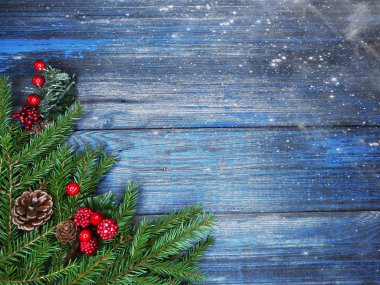 Noel arka plan ve koniler dekorasyon ahşap tahta üzerinde çam dalları ile