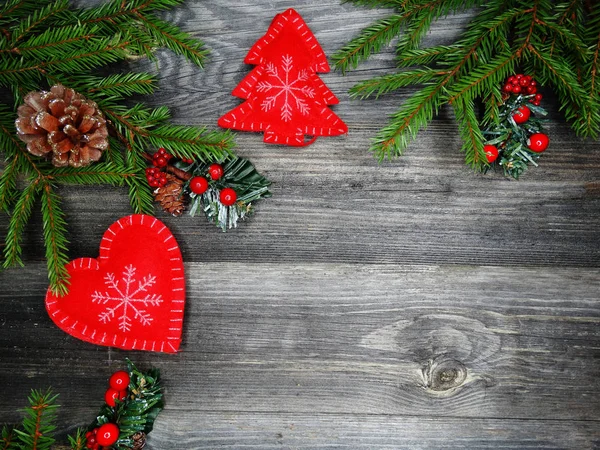 Fondo Navidad Decoración Con Luces Guirnalda Ramas Abeto Tablero Madera —  Fotos de Stock