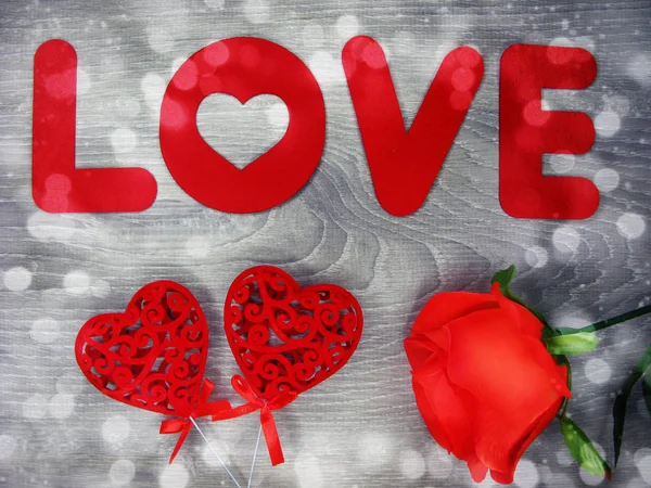 Grußkarte Liebe Valentinstag Mit Herzen Und Rosenblumen Hintergrund Kopierraum — Stockfoto